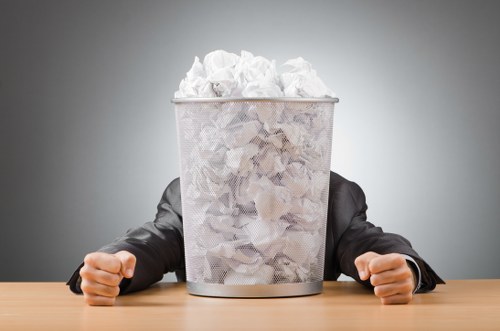 An individual dressed in a dark suit is seated at a wooden table with their hands resting on the surface. In front of them, a transparent metal waste bin filled to the brim with crumpled white and light brown paper waste is prominently displayed, obscuring their face and head. The paper waste includes various pieces of torn or balled-up sheets, creating a textured, irregular surface that extends above the rim of the bin. The background features a plain, neutral grey wall, providing a clean, unobtrusive setting. The scene emphasizes the theme of rubbish disposal, aligning with professional waste management and rubbish removal services, such as those offered by Commercial Waste Removal Chessington. The lighting is even and soft, without strong shadows, highlighting the details of the crumpled paper and metallic bin, while maintaining a neutral, authoritative tone suitable for an informational or service-related context.